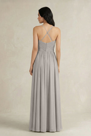 A - Line Pleated Spaghetti Strap Chiffon Bridesmaid Dress in Silver - KISS BRIDAL Bridesmaid Dresses