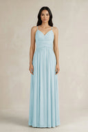 A - Line Pleated Spaghetti Strap Chiffon Bridesmaid Dress in Sky Blue - KISS BRIDAL Bridesmaid Dresses