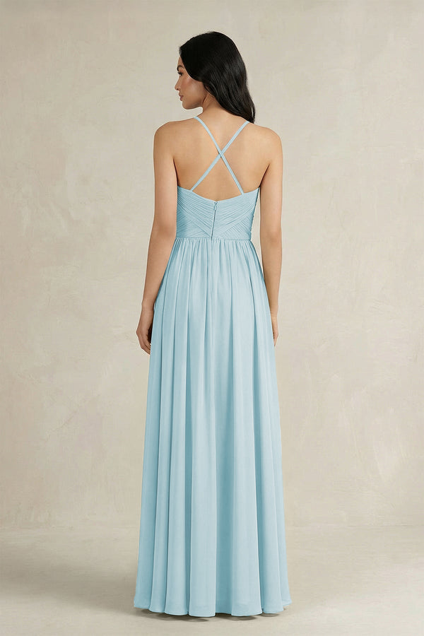 A - Line Pleated Spaghetti Strap Chiffon Bridesmaid Dress in Sky Blue - KISS BRIDAL Bridesmaid Dresses
