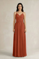 A - Line Pleated Spaghetti Strap Chiffon Bridesmaid Dress in Spice - KISS BRIDAL Bridesmaid Dresses
