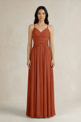 A - Line Pleated Spaghetti Strap Chiffon Bridesmaid Dress in Spice - KISS BRIDAL Bridesmaid Dresses