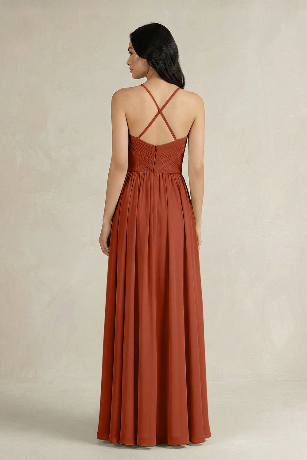A - Line Pleated Spaghetti Strap Chiffon Bridesmaid Dress in Spice - KISS BRIDAL Bridesmaid Dresses