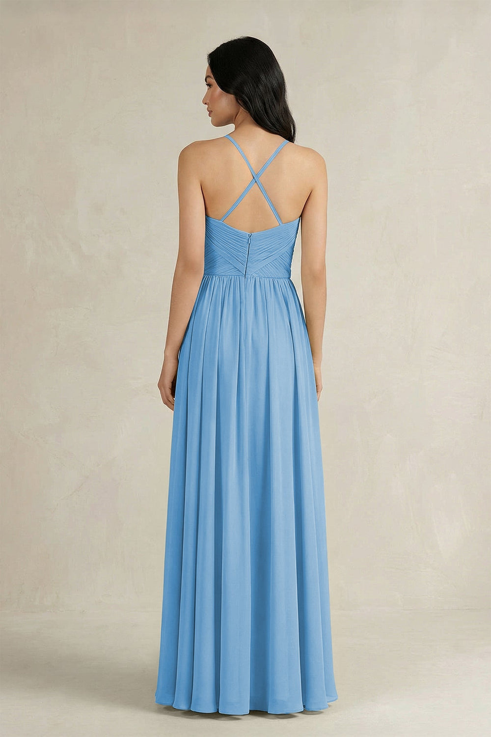 A - Line Pleated Spaghetti Strap Chiffon Bridesmaid Dress in Steel Blue - KISS BRIDAL Bridesmaid Dresses