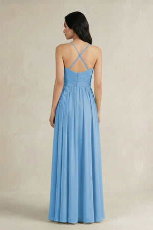 A - Line Pleated Spaghetti Strap Chiffon Bridesmaid Dress in Steel Blue - KISS BRIDAL Bridesmaid Dresses
