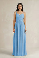 A - Line Pleated Spaghetti Strap Chiffon Bridesmaid Dress in Steel Blue - KISS BRIDAL Bridesmaid Dresses