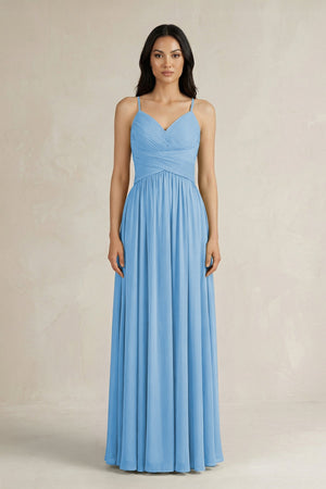 A - Line Pleated Spaghetti Strap Chiffon Bridesmaid Dress in Steel Blue - KISS BRIDAL Bridesmaid Dresses