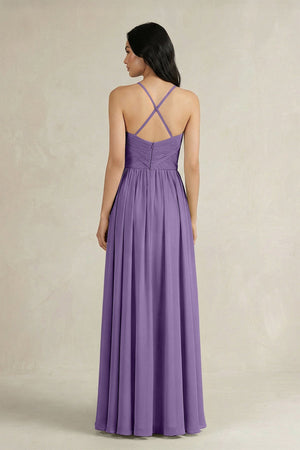 A - Line Pleated Spaghetti Strap Chiffon Bridesmaid Dress in Tahiti - KISS BRIDAL Bridesmaid Dresses
