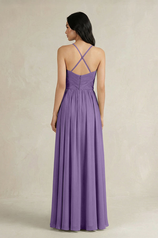 A - Line Pleated Spaghetti Strap Chiffon Bridesmaid Dress in Tahiti - KISS BRIDAL Bridesmaid Dresses