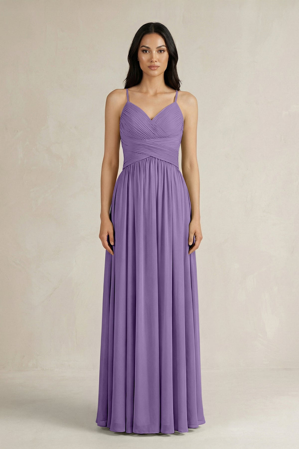 A - Line Pleated Spaghetti Strap Chiffon Bridesmaid Dress in Tahiti - KISS BRIDAL Bridesmaid Dresses