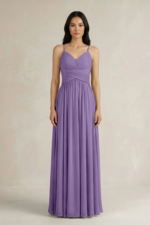 A - Line Pleated Spaghetti Strap Chiffon Bridesmaid Dress in Tahiti - KISS BRIDAL Bridesmaid Dresses