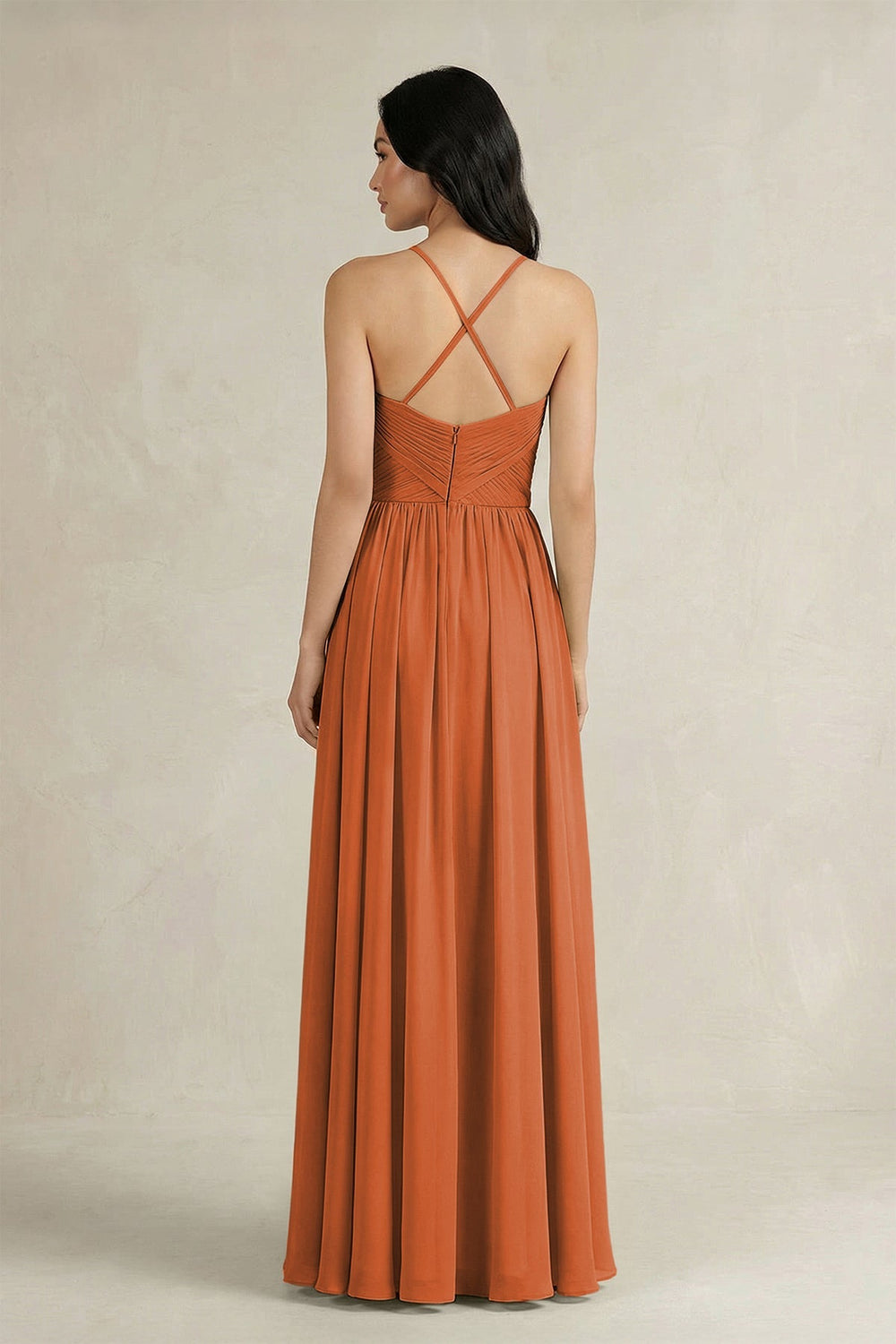A - Line Pleated Spaghetti Strap Chiffon Bridesmaid Dress in Terracotta - KISS BRIDAL Bridesmaid Dresses