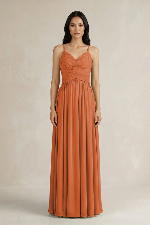 A - Line Pleated Spaghetti Strap Chiffon Bridesmaid Dress in Terracotta - KISS BRIDAL Bridesmaid Dresses