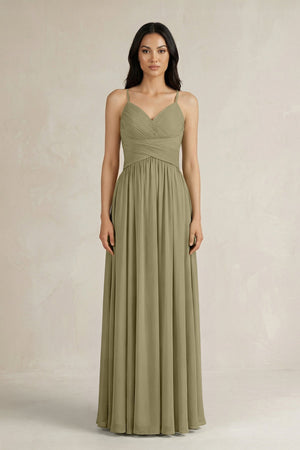 A - Line Pleated Spaghetti Strap Chiffon Bridesmaid Dress in Thyme - SHE IS ME Bridesmaid Dresses