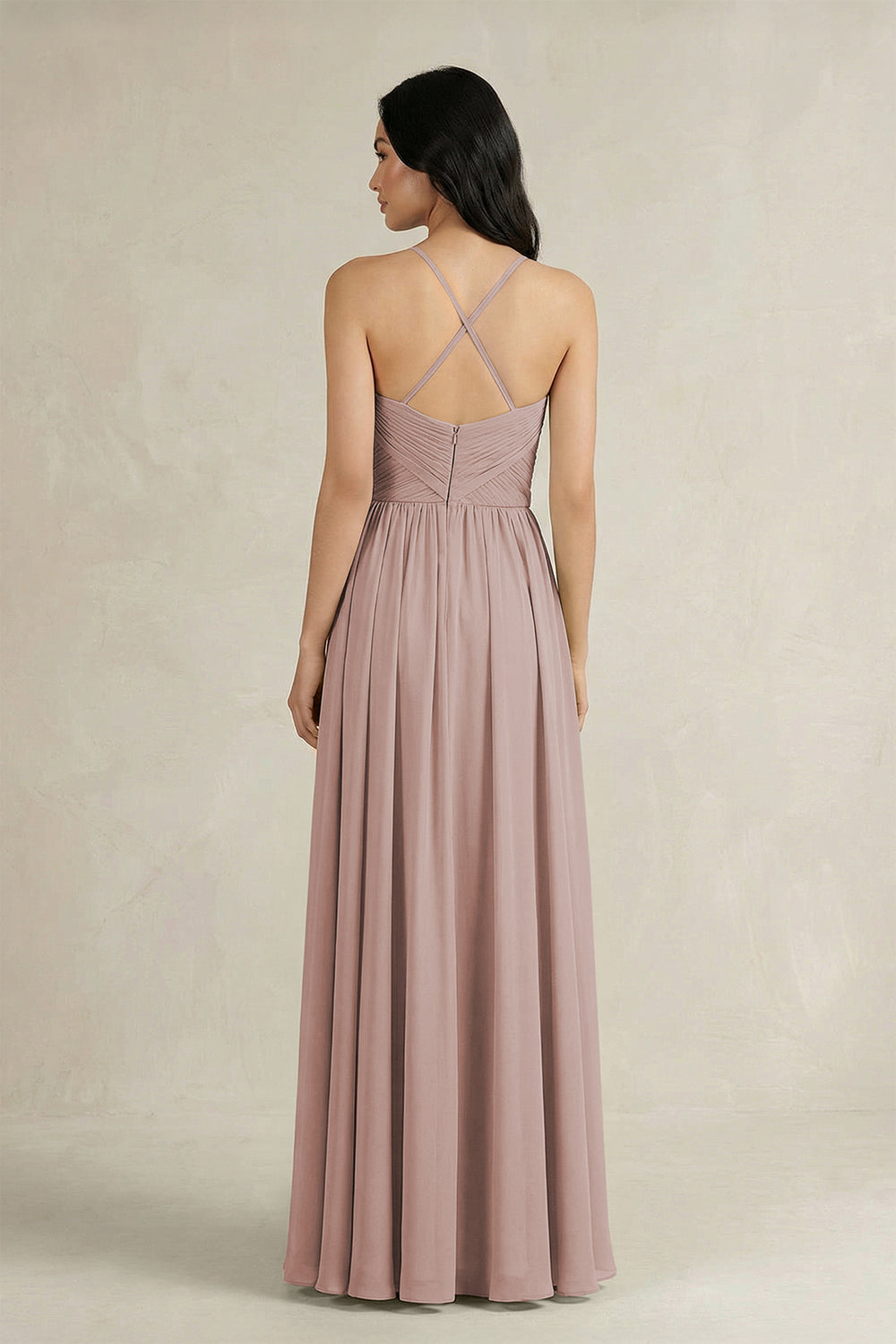 A-Line Pleated Spaghetti Strap Chiffon Bridesmaid Dress in Toffee