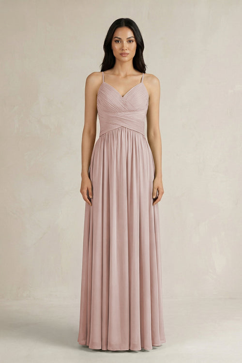 A - Line Pleated Spaghetti Strap Chiffon Bridesmaid Dress in Toffee - SHE IS ME Bridesmaid Dresses
