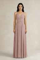 A-Line Pleated Spaghetti Strap Chiffon Bridesmaid Dress in Toffee | KISSBRIDAL