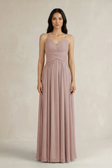 A-Line Pleated Spaghetti Strap Chiffon Bridesmaid Dress in Toffee | KISSBRIDAL