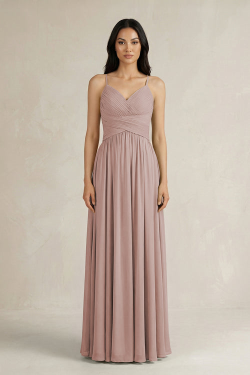 A-Line Pleated Spaghetti Strap Chiffon Bridesmaid Dress in Toffee | KISSBRIDAL