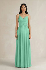 A - Line Pleated Spaghetti Strap Chiffon Bridesmaid Dress in Turquoise - KISS BRIDAL Bridesmaid Dresses