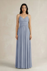A - Line Pleated Spaghetti Strap Chiffon Bridesmaid Dress in Twilight - KISS BRIDAL Bridesmaid Dresses