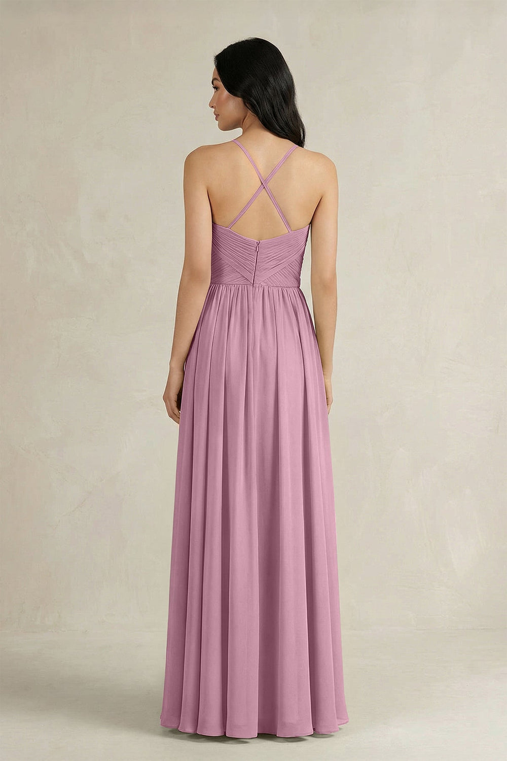 A - Line Pleated Spaghetti Strap Chiffon Bridesmaid Dress in Vintage Mauve - KISS BRIDAL Bridesmaid Dresses