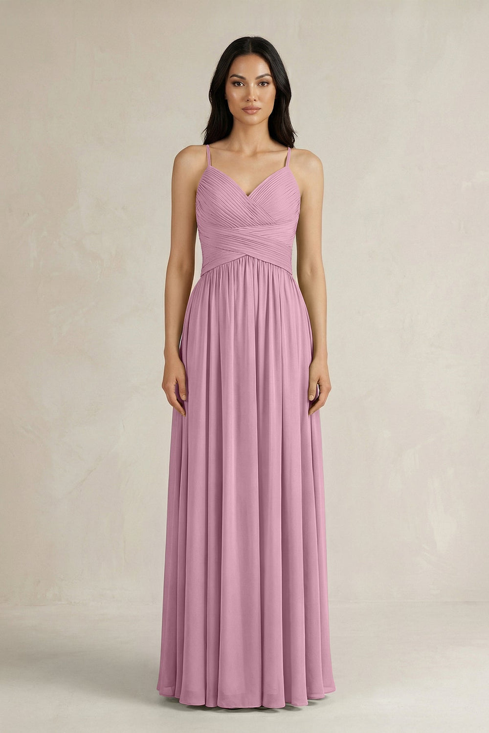 A - Line Pleated Spaghetti Strap Chiffon Bridesmaid Dress in Vintage Mauve - KISS BRIDAL Bridesmaid Dresses