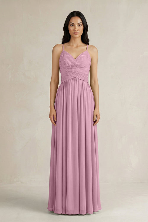 A - Line Pleated Spaghetti Strap Chiffon Bridesmaid Dress in Vintage Mauve - KISS BRIDAL Bridesmaid Dresses