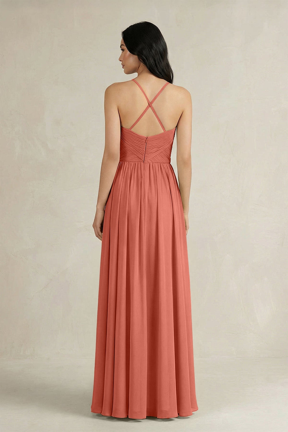 A - Line Pleated Spaghetti Strap Chiffon Bridesmaid Dress in Wild Rose - KISS BRIDAL Bridesmaid Dresses