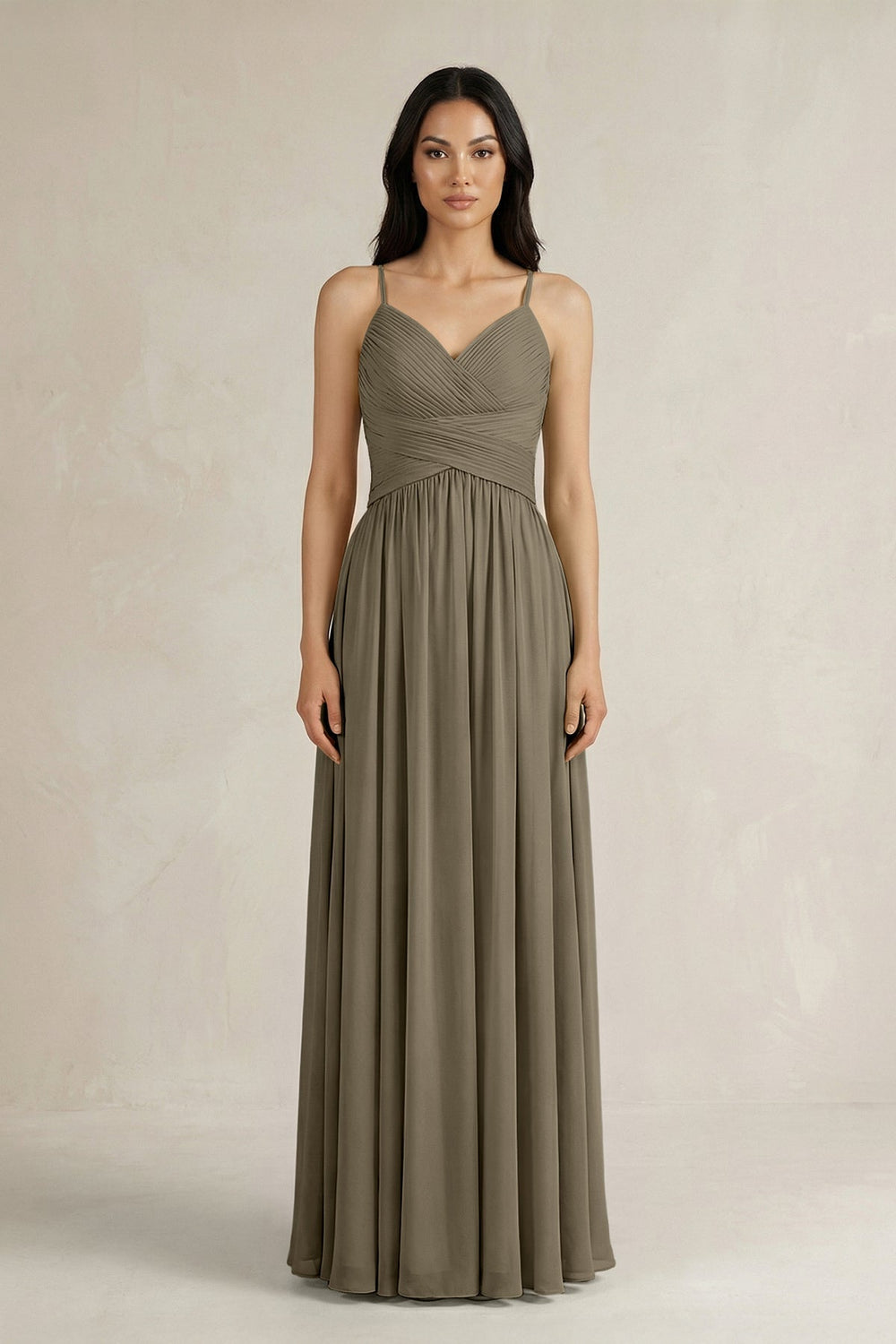 A - Line Pleated Spaghetti Strap Chiffon Bridesmaid Dress in Willow Green - SHE IS ME Bridesmaid Dresses