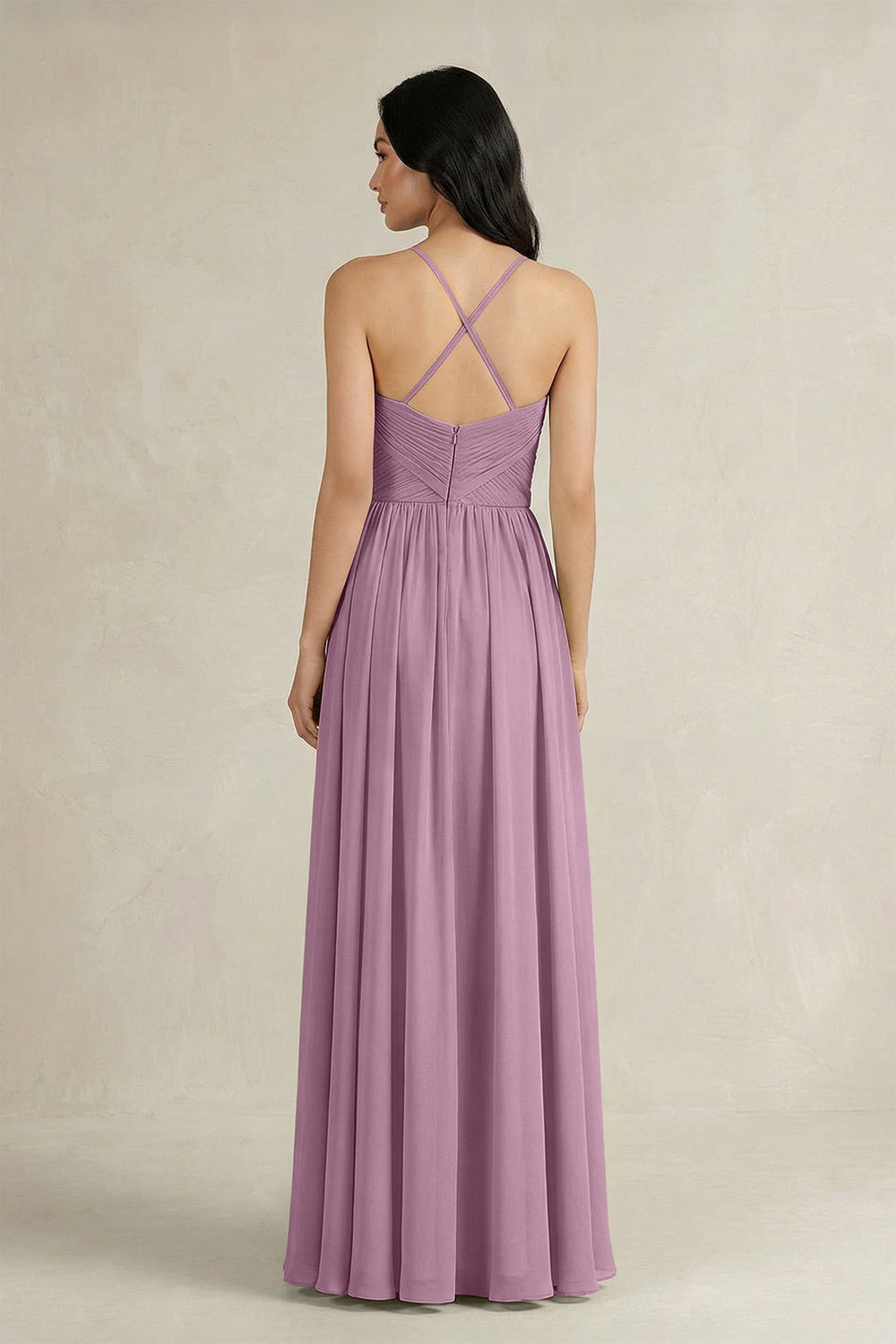 A - Line Pleated Spaghetti Strap Chiffon Bridesmaid Dress in Wisteria - KISS BRIDAL Bridesmaid Dresses