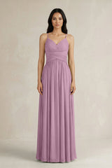 A - Line Pleated Spaghetti Strap Chiffon Bridesmaid Dress in Wisteria - KISS BRIDAL Bridesmaid Dresses