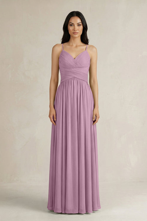 A - Line Pleated Spaghetti Strap Chiffon Bridesmaid Dress in Wisteria - KISS BRIDAL Bridesmaid Dresses