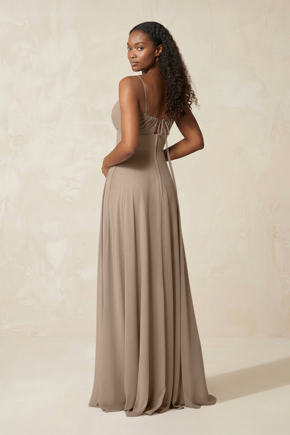 A-Line Ruched Chiffon Spaghetti Strap Bridesmaid Dress in Almond