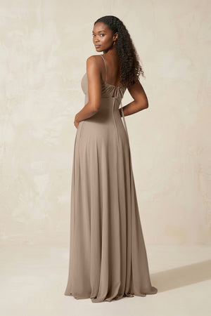 A-Line Ruched Chiffon Spaghetti Strap Bridesmaid Dress in Almond (2) | KISSBRIDAL