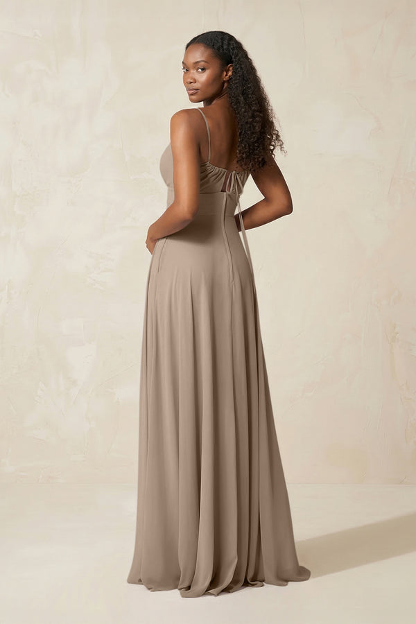 A-Line Ruched Chiffon Spaghetti Strap Bridesmaid Dress in Almond (2) | KISSBRIDAL