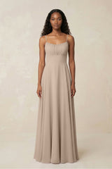 A - Line Ruched Chiffon Spaghetti Strap Bridesmaid Dress in Almond - KISS BRIDAL Bridesmaid Dresses