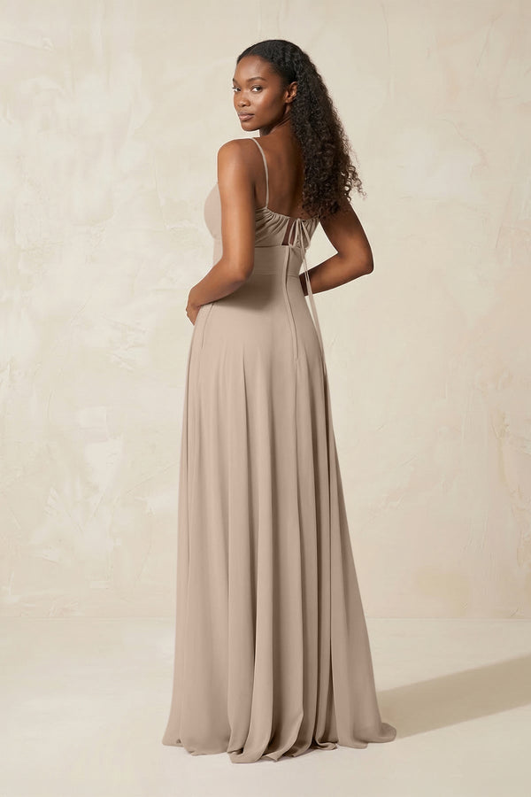 A - Line Ruched Chiffon Spaghetti Strap Bridesmaid Dress in Almond - SHE IS ME Bridesmaid Dresses