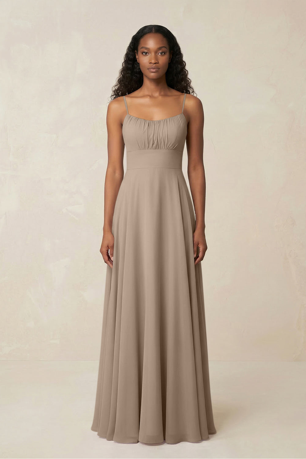 A-Line Ruched Chiffon Spaghetti Strap Bridesmaid Dress in Almond