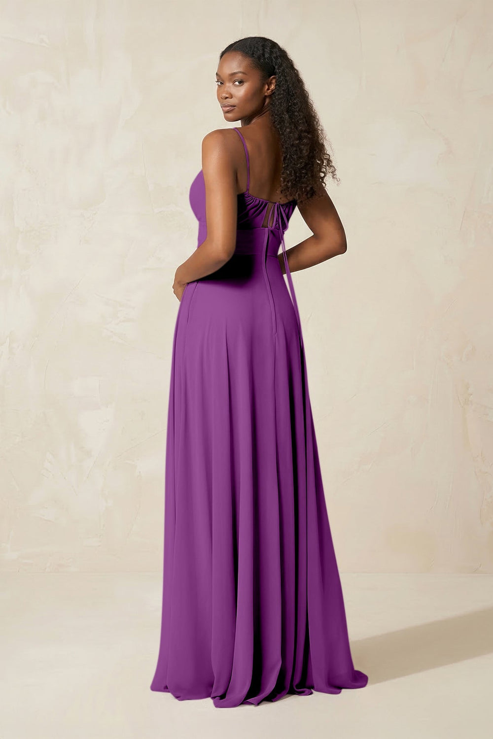 A - Line Ruched Chiffon Spaghetti Strap Bridesmaid Dress in Amethyst - KISS BRIDAL Bridesmaid Dresses