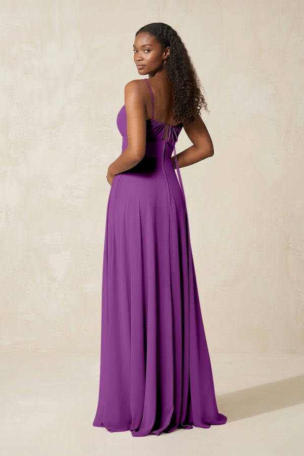 A - Line Ruched Chiffon Spaghetti Strap Bridesmaid Dress in Amethyst - SHE IS ME Bridesmaid Dresses