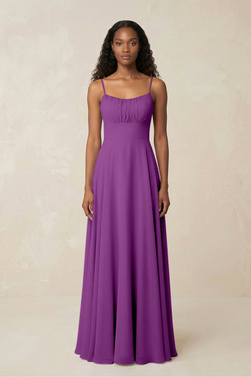 A - Line Ruched Chiffon Spaghetti Strap Bridesmaid Dress in Amethyst - SHE IS ME Bridesmaid Dresses
