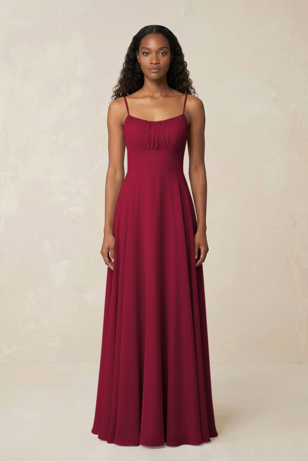 A - Line Ruched Chiffon Spaghetti Strap Bridesmaid Dress in Berry - KISS BRIDAL Bridesmaid Dresses
