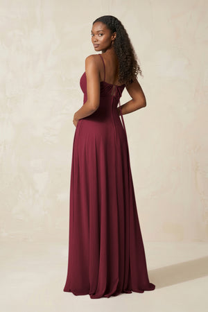 A-Line Ruched Chiffon Spaghetti Strap Bridesmaid Dress in Berry (2) | KISSBRIDAL