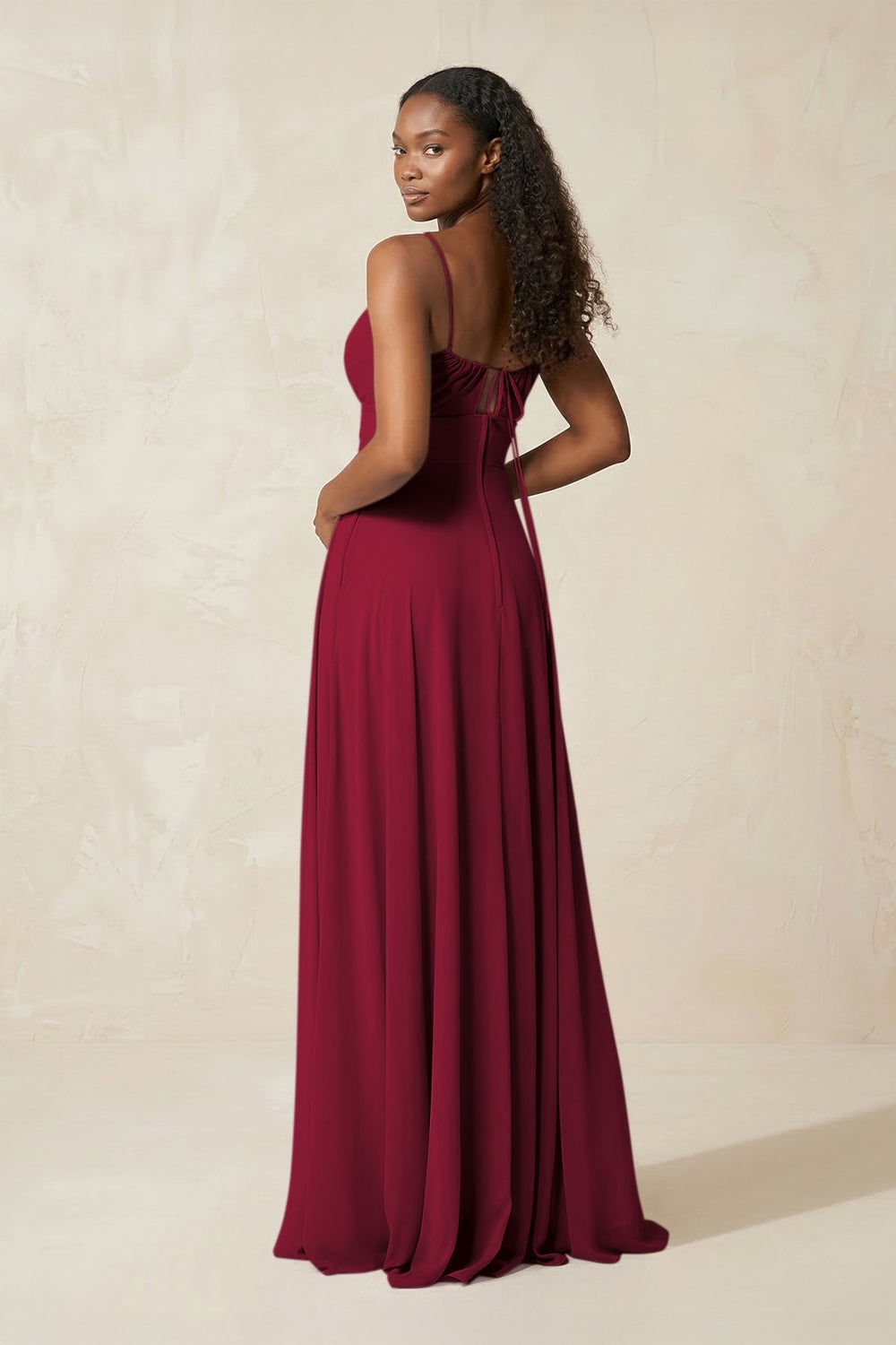 A - Line Ruched Chiffon Spaghetti Strap Bridesmaid Dress in Berry - KISS BRIDAL Bridesmaid Dresses