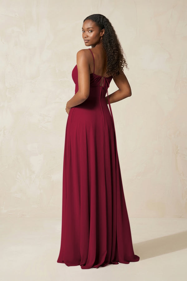 A - Line Ruched Chiffon Spaghetti Strap Bridesmaid Dress in Berry - SHE IS ME Bridesmaid Dresses