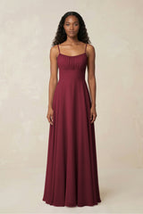 A-Line Ruched Chiffon Spaghetti Strap Bridesmaid Dress in Berry | KISSBRIDAL
