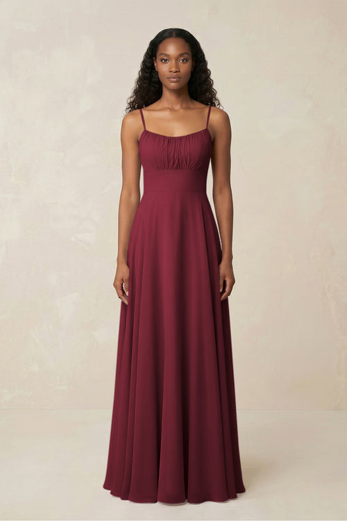 A-Line Ruched Chiffon Spaghetti Strap Bridesmaid Dress in Berry | KISSBRIDAL