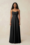A - Line Ruched Chiffon Spaghetti Strap Bridesmaid Dress in Black - SHE IS ME Bridesmaid Dresses