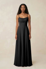 A - Line Ruched Chiffon Spaghetti Strap Bridesmaid Dress in Black - KISS BRIDAL Bridesmaid Dresses