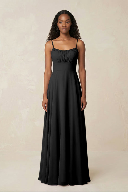A - Line Ruched Chiffon Spaghetti Strap Bridesmaid Dress in Black - SHE IS ME Bridesmaid Dresses